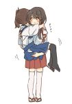  2girls akagi_(kantai_collection) black_hair blush_stickers brown_hair carrying facing_away hair_between_eyes hug ina_(1813576) kaga_(kantai_collection) kantai_collection long_hair multiple_girls orange_eyes princess_carry side_ponytail sketch smile white_background yuri 