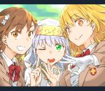  +_+ 3girls :d blonde_hair bow bowtie brown_eyes brown_hair brown_jacket closed_mouth collared_shirt eyebrows_visible_through_hair gloves haimura_kiyotaka highres index jacket long_hair looking_at_viewer misaka_mikoto multiple_girls official_art ok_sign one_eye_closed open_mouth red_bow red_eyes red_neckwear round_teeth school_uniform shirt shokuhou_misaki smile teeth to_aru_kagaku_no_railgun to_aru_majutsu_no_index to_aru_majutsu_no_index:_new_testament upper_teeth veil white_gloves white_hair white_shirt wing_collar 