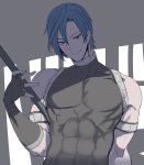  1boy abs bare_shoulders black_gloves black_shirt blue_eyes blue_hair copyright_request fingerless_gloves gloves highres looking_at_viewer male_focus shirt smile solo sumiyao_(amam) upper_body 