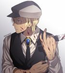  1boy amuro_tooru black_neckwear black_vest blonde_hair blood blood_on_face bloody_clothes bloody_hands bloody_knife blue_eyes cabbie_hat collared_shirt commentary_request dark_skin dark_skinned_male gradient gradient_background hair_between_eyes hat holding holding_knife knife looking_to_the_side male_focus mashima_shima meitantei_conan necktie shirt simple_background solo twitter_username upper_body vest white_shirt 