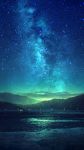  blue_theme building clouds gradient_sky highres lake lamppost milky_way mks mountain night night_sky no_humans original outdoors reflection scenery sky star_(sky) starry_sky water 