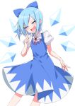  1girl bangs blue_bow blue_dress blue_eyes blue_hair bow cirno dress eyebrows_visible_through_hair hair_bow hair_over_one_eye highres ice ice_wings looking_at_viewer open_mouth pointing puffy_short_sleeves puffy_sleeves red_bow red_neckwear shirt short_sleeves simple_background smile solo touhou tsukimirin white_background white_shirt white_sleeves wings 