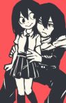  1boy 1girl age_difference aizawa_shouta asui_tsuyu bangs boku_no_hero_academia child closed_mouth commentary_request eye_contact facial_hair flat_chest half-closed_eyes hand_on_another&#039;s_arm hand_on_another&#039;s_knee hands_up hetero kneehighs knees_together_feet_apart long_hair long_sleeves looking_at_another lowres miniskirt monochrome necktie pants pleated_skirt red_background robot_(pixiv_42325944) scarf school_uniform shirt short_sleeves simple_background sitting sketch skirt spread_legs standing torso_grab younger 