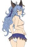  1girl animal_ears ass back bangs bikini blue_hair blue_skirt breasts erune ferry_(granblue_fantasy) granblue_fantasy hair_ribbon houtengeki jewelry long_hair looking_at_viewer miniskirt open_mouth ponytail rabbit_ears ribbon sideboob simple_background single_earring skirt small_breasts smile swimsuit thighs wavy_hair white_background white_bikini yellow_eyes 