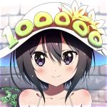  1girl bare_shoulders black_hair blush close-up commentary_request flower hair_between_eyes hat hat_flower original pink_x short_hair smile solo tagme violet_eyes white_headwear 