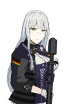  1girl absurdres assault_rifle blue_eyes breasts eyebrows_visible_through_hair german_flag girls_frontline gloves green_eyes gun h&amp;k_hk416 hand_on_weapon highres hk416_(girls_frontline) iron_cross la13 long_hair looking_at_viewer military military_jacket military_uniform rifle solo sweat uniform weapon white_background white_gloves 