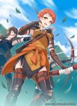  1girl 40hara arrow_(projectile) blue_sky bow_(weapon) brown_hair clouds company_name copyright_name day fingerless_gloves fire_emblem fire_emblem:_three_houses fire_emblem_cipher gloves highres holding holding_bow_(weapon) holding_weapon leaf leonie_pinelli official_art open_mouth orange_eyes orange_hair outdoors quiver short_hair sky solo_focus weapon 