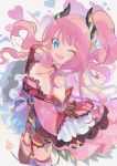  1girl ;d blue_eyes boots brown_footwear character_request copyright_request dress eyebrows_visible_through_hair highres horns looking_at_viewer one_eye_closed open_mouth pink_dress pink_hair side_ponytail single_horn smile solo thigh-highs thigh_boots v wavy_hair zuho_(vega) 