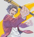  1boy :d afro barbed_wire baseball_bat black_hair brown_eyes buttons character_name collared_shirt commentary dress_shirt facial_hair fighting_stance forehead formal goatee holding holding_baseball_bat holding_weapon jacket kasuga_ichiban long_sleeves looking_at_viewer male_focus messy_hair open_clothes open_hand open_jacket open_mouth red_jacket red_suit ryuu_ga_gotoku ryuu_ga_gotoku_7 shirt short_hair sideburns smile solo suit talgi teeth two-tone_background upper_body v-shaped_eyebrows weapon white_background white_shirt yellow_background 