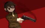  absurdres androgynous belt black_eyes black_hair brown_coat coat drawfag gun handgun highres holding holding_gun holding_weapon kino_(kino_no_tabi) kino_no_tabi red_background short_hair smoke standing upper_body weapon 