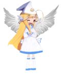  1girl ahoge angel blonde_hair celine_(zenonia) crescent_moon_symbol detached_sleeves hands_together happy long_hair official_art open_mouth red_eyes solo white_boots white_dress white_hat winged_hair_ornament wings wink zenonia 