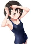  1girl absurdres arms_up bangs bare_arms bare_shoulders black_hair blue_swimsuit blush breasts brown_eyes bunny_hair_ornament closed_mouth collarbone covered_navel eyebrows_visible_through_hair hair_ornament hairclip highres idolmaster idolmaster_cinderella_girls one-piece_swimsuit sasaki_chie school_swimsuit short_hair simple_background small_breasts solo swimsuit tsunenorip white_background 