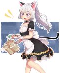  !! 1girl absurdres alcohol animal_ears apron beer beer_mug black_dress blue_eyes cat_ears cat_tail choker cup dress elin food gloves highres long_hair maid mug ocs3533 open_mouth ponytail salmon silver_hair solo tail tera_online tray waist_apron white_apron white_gloves 