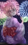  1girl aerial_fireworks bangs brown_eyes brown_hair double_bun festival fireworks glasses japanese_clothes kimono kuronon looking_at_viewer night open_mouth red-framed_eyewear semi-rimless_eyewear short_hair sky solo star_(sky) starry_sky summer summer_festival touhou under-rim_eyewear usami_sumireko yukata 