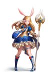  1girl absurdres animal_ears arm_up blonde_hair blue_dress boots botro dress elin full_body garters gloves high_heels highres knee_boots legs long_hair pink_eyes rabbit_ears simple_background smile solo staff tera_online thighs v weapon white_background white_footwear white_gloves 