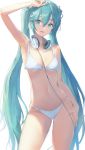  1girl absurdres aqua_eyes aqua_hair bikini bird breasts cable hand_on_hip hand_on_own_head hatsune_miku headphones headphones_around_neck highres long_hair looking_at_viewer navel ocean open_mouth pigonhae ribbon simple_background small_breasts solo sunlight swimsuit very_long_hair vocaloid white_background white_bikini white_ribbon 