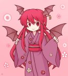  1girl 216 :&gt; alternate_hair_length alternate_hairstyle bat_wings blush chibi commentary_request cowboy_shot danmaku eyebrows_visible_through_hair floral_print hair_between_eyes hair_ornament hair_stick head_wings japanese_clothes kanzashi kimono koakuma long_hair long_sleeves looking_at_viewer no_nose pink_background pointy_ears red_eyes redhead short_hair short_hair_with_long_locks sidelocks simple_background sleeves_past_wrists smile solo touhou touhou_cannonball very_long_hair wide_sleeves wings yukata 