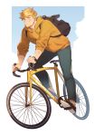  1boy backpack bag bangs bara bicycle blonde_hair blush denim granblue_fantasy green_eyes ground_vehicle higashigunkan hood hoodie jeans male_focus outdoors pants riding shoes simple_background sky solo toned toned_male vane_(granblue_fantasy) 