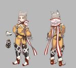  1girl animal_ears arms_at_sides bangs blunt_bangs bodysuit closed_mouth concept_art facial_mark grey_background grey_hair hair_ribbon hand_on_hip hood hood_down kawakami_rokkaku multiple_views niyah ribbon short_hair simple_background smile solo standing xenoblade_(series) xenoblade_2 yellow_bodysuit yellow_eyes yellow_ribbon 