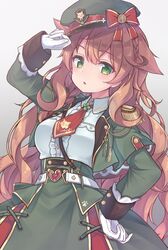  1girl belt blue_shirt bow braid breasts brooch brown_hair collared_shirt cuffs eyebrows_visible_through_hair gloves green_eyes hair_between_eyes hand_on_forehead hand_on_hip heart highres jewelry long_hair looking_at_viewer medium_breasts military military_jacket military_uniform necktie nijisanji red_bow red_neckwear shirt skirt solo uniform very_long_hair virtual_youtuber warabeda_meijii white_background white_gloves yuko_(kwong159) 