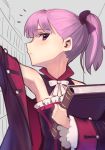  1girl absurdres armpits boa_(brianoa) book closed_mouth detached_collar fate/grand_order fate_(series) helena_blavatsky_(fate/grand_order) highres holding holding_book long_sleeves looking_at_viewer neck_ribbon notice_lines ponytail profile purple_hair ribbon solo unfinished_background upper_body violet_eyes white_neckwear white_ribbon wide_sleeves 