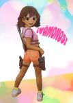  1girl ahoge arrow_(projectile) ass belt blush brown_eyes brown_hair child covered_nipples dark_skin dora_marquez dora_the_explorer eyebrows eyebrows_visible_through_hair eyelashes full_body gun handgun holster holstered_weapon looking_back multicolored multicolored_background open_mouth orange_shorts pink_shirt pistol shirt shoes short_hair short_shorts shorts signature simple_background smile socks solo spanish_text tears-of-blade teeth weapon white_footwear yellow_legwear 
