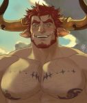  1boy agielba animal_ears bara beard blush chest chest_hair close-up dogandclover draph facial_hair granblue_fantasy green_eyes highres horns male_focus manly muscle nipples pectorals redhead shirtless smile solo tattoo upper_body 