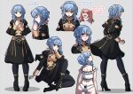  black_legwear blue_hair fire_emblem fire_emblem:_three_houses highres hilda_valentine_goneril kinkymation marianne_von_edmund poses reference_sheet school_uniform underwear underwear_only uniform updo 