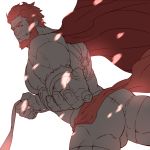  1boy ass bara beard body_hair bulge cape chest facial_hair fate/grand_order fate/zero fate_(series) iskandar_(fate) konohanaya looking_at_viewer male_focus manly muscle partially_colored pectorals pov red_eyes redhead shirtless shorts smile solo thick_thighs thighs upper_body 