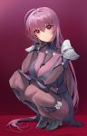  1girl armor bangs blush bodysuit breasts damda fate/grand_order fate_(series) gradient gradient_background hair_between_eyes large_breasts long_hair looking_at_viewer parted_lips pauldrons purple_background purple_bodysuit purple_hair red_eyes scathach_(fate)_(all) scathach_(fate/grand_order) shoulder_armor squatting 