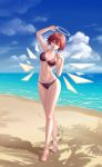  1girl ;d absurdres arknights arm_up bangs bare_arms bare_legs bare_shoulders barefoot beach bikini black_bikini blue_sky breasts chinese_commentary clouds commentary_request crossed_legs da_akana_xiv day exusiai_(arknights) footprints full_body hair_between_eyes halo hand_up highres looking_at_viewer medium_breasts navel ocean one_eye_closed open_mouth red_eyes red_nails redhead shadow short_hair sky smile solo standing stomach swimsuit thighs toenail_polish water watson_cross 