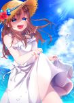  1girl :d absurdres bare_shoulders blue_eyes brown_hair character_request clouds copyright_request dress dress_lift flower hat hat_flower hat_ribbon highres ocean open_mouth outdoors ribbon sky smile solo summer sun_hat sundress user_dgyn8285 water white_dress 