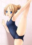  1girl :d arm_up armpits bangs bare_arms bare_legs bare_shoulders blonde_hair blue_eyes blue_swimsuit blush breasts collarbone commentary_request eyebrows_visible_through_hair feet_out_of_frame hair_bun highres leg_up looking_at_viewer old_school_swimsuit one-piece_swimsuit open_mouth original parted_bangs school_swimsuit shibacha small_breasts smile solo standing standing_on_one_leg swimsuit tile_wall tiles 