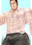  1boy arbbun bara beard belt black_hair bulge chest chest_hair facial_hair facial_scar golden_kamuy highres male_focus manly muscle pants pectorals scar solo stubble tanigaki_genjirou thick_eyebrows thick_thighs thighs wet wet_clothes 