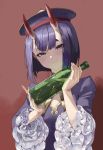  1girl blush bob_cut bottle breasts darutsnyan fate/grand_order fate_(series) highres holding holding_bottle horns looking_at_viewer oni_horns purple_hair red_background short_eyebrows short_hair shuten_douji_(fate/grand_order) simple_background small_breasts smile solo upper_body violet_eyes 