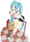  1girl absurdres alternate_costume bag bangs black_shorts blonde_hair blue_choker blue_eyes bubble_tea character_name checkered checkered_floor choker cloba cup disposable_cup drinking drinking_straw drinking_straw_in_mouth eyebrows_visible_through_hair full_body hair_between_eyes hatsune_miku headset highres holding holding_cup long_hair looking_at_viewer off-shoulder_shirt off_shoulder pleated_shorts railing shirt shoes shopping_bag short_shorts short_sleeves shorts single_bare_shoulder single_thighhigh sitting skindentation sneakers solo striped striped_legwear thigh-highs very_long_hair vocaloid white_shirt 