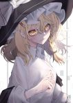  1girl black_headwear blonde_hair blush braid closed_mouth commentary_request fall_dommmmmer hair_between_eyes hair_ornament hairclip hat highres kirisame_marisa looking_at_viewer shirt short_hair single_braid solo touhou upper_body wet white_shirt witch_hat yellow_eyes 