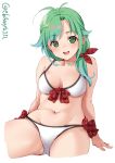  1girl ahoge alternate_costume antenna_hair bangs bikini blush breasts checkered collarbone cropped_legs ebifurya eyebrows_visible_through_hair front-tie_bikini front-tie_top green_eyes green_hair hair_ribbon highres kantai_collection long_hair looking_at_viewer matsu_(kantai_collection) medium_breasts navel open_mouth ribbon simple_background sitting smile solo stomach swimsuit twitter_username white_background white_bikini 