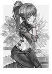  1girl angelica_(honzuki_no_gekokujou) bangs border cowboy_shot eyebrows_visible_through_hair flower greyscale highres holding honzuki_no_gekokujou kousaku long_sleeves monochrome outside_border pony sidelocks sitting solo sparkle sword teardrop weapon white_border 