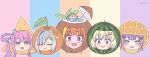  5girls :d ahoge amane_kanata bangs blonde_hair blue_eyes blunt_bangs blush candy_hair_ornament closed_eyes coconut eyebrows_visible_through_hair fangs food food_themed_hair_ornament fruit gradient_hair green_eyes hair_ornament hair_over_one_eye hair_rings hairclip halo heterochromia highres himemori_luna hololive kiryuu_coco kukie-nyan leaf long_hair looking_at_viewer mandarin_orange multicolored_hair multiple_girls nachos open_mouth pink_hair purple_hair short_hair smile streaked_hair tokoyami_towa tsunomaki_watame twitter_username violet_eyes virtual_youtuber waffle watermelon 