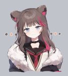  1girl animal_ears arknights bangs bear_ears black_choker black_jacket black_sailor_collar black_shirt blue_eyes blush brown_hair choker closed_mouth commentary_request cropped_torso eyebrows_visible_through_hair fur-trimmed_hood fur_trim grey_background head_tilt hood hood_down hooded_jacket jacket light_smile long_hair looking_at_viewer moffle_(ayabi) multicolored_hair necktie off_shoulder open_clothes open_jacket pink_hair red_neckwear sailor_collar shirt solo streaked_hair upper_body zima_(arknights) 