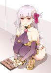  1girl armlet armor bangs bare_shoulders bikini_armor blush bracelet breasts collar crying detached_sleeves dress earrings fate/grand_order fate_(series) floral_print hair_ribbon high_heels jewelry kama_(fate/grand_order) kujiran large_breasts long_hair looking_at_viewer metal_collar pelvic_curtain pink_ribbon purple_dress purple_legwear purple_sleeves red_eyes ribbon ring sign silver_hair squatting thigh-highs thighlet thighs translation_request 