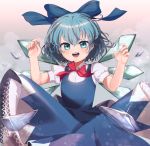  1girl :d bangs blue_bow blue_dress blue_eyes blue_hair bow bowtie cirno claw_pose dress dress_shirt eyebrows_visible_through_hair eyelashes fingers goma_(u_p) hair_between_eyes hair_bow hands ice ice_wings looking_at_viewer open_mouth pinafore_dress puffy_short_sleeves puffy_sleeves red_neckwear shirt short_hair short_sleeves signature smile solo touhou upper_body v-shaped_eyebrows w_arms white_shirt wing_collar wings 