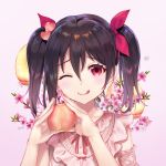  1girl :q black_hair bow cherry_blossoms collarbone detached_sleeves eyebrows_visible_through_hair flower food fruit gakuon_(gakuto) hair_between_eyes hair_bow hair_ornament heart highres holding holding_food looking_at_viewer love_live! love_live!_school_idol_project medium_hair nail_polish one_eye_closed peach pink_nails pink_ribbon pink_shirt red_eyes ribbon shirt signature smile solo tied_hair tongue tongue_out twintails water_drop yazawa_nico 