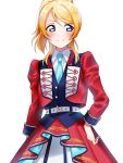  1girl ayase_eli belt blonde_hair blue_eyes blue_neckwear facing_viewer hand_on_hip highres jacket long_hair long_sleeves looking_away looking_to_the_side love_live! love_live!_school_idol_project naarann necktie ponytail red_jacket red_skirt simple_background skirt smile solo white_background 