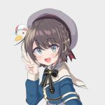  1girl beret blush brown_hair eyebrows_visible_through_hair grey_background hair_ornament hat highres hololive long_sleeves looking_at_viewer naturegreen_tea oozora_subaru open_mouth self_shot star_(symbol) subaru_duck tongue upper_teeth v virtual_youtuber 