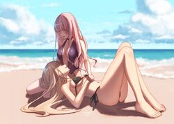  2girls barefoot beach bikini bikini_bottom bikini_top blue_eyes clouds highres holding_hands long_hair looking_at_another multiple_girls nana_mikoto ocean one-piece_swimsuit original pink_eyes pink_hair swimsuit yuri 