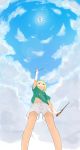  1girl absurdres arm_up blonde_hair chintara10 closed_mouth clouds diabolo english_text feet_out_of_frame from_below green_hair green_shirt highres holding lens_flare midriff_peek navel original outdoors pointing pointing_up shirt short_hair short_sleeves shorts sky solo sun white_shorts wide_shot 