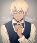  1boy amuro_tooru bespectacled black-framed_eyewear black_bow black_vest blonde_hair blue_eyes bow bowtie collared_shirt commentary_request dark_skin dark_skinned_male english_text finger_to_mouth glasses gradient gradient_background hair_between_eyes looking_to_the_side male_focus mashima_shima meitantei_conan shirt simple_background smile solo twitter_username upper_body vest white_shirt 