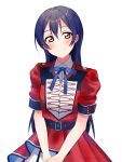  1girl belt blue_hair brown_eyes dress facing_viewer highres long_hair looking_at_viewer love_live! love_live!_school_idol_project naarann red_dress short_sleeves simple_background smile solo sonoda_umi white_background 